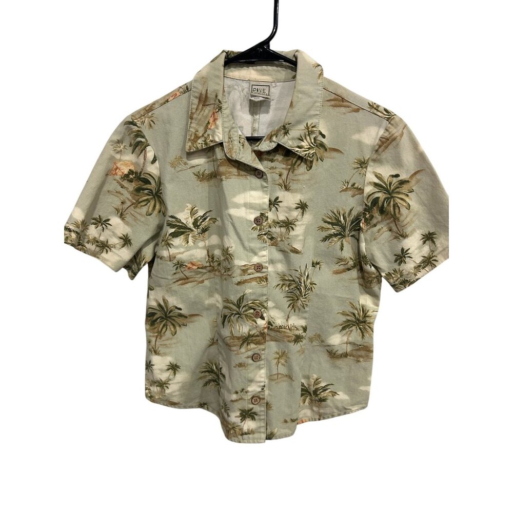 Vintage Pine Cove Hawaiian Shirt Green Beige Sz 8 Short Sleeve Tropical Beach